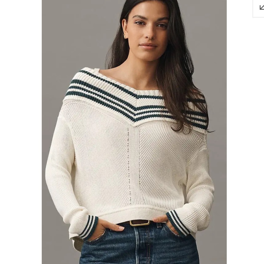 Anthropology Off-the-Shoulder Sweater - White and Green